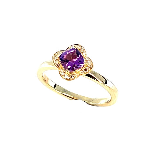 9YG 1XAMETHYST CUSHION 5.0MM 4 CLAW DIAMOND 20=.10CT SI3 JKL BEAD SET 4 LEAF HALO RING