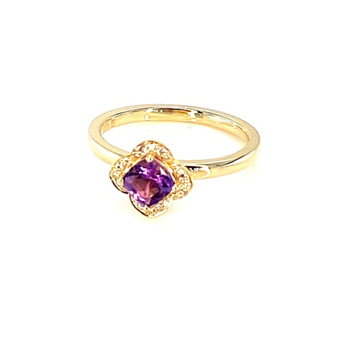 9YG 1XAMETHYST CUSHION 5.0MM 4 CLAW DIAMOND 20=.10CT SI3 JKL BEAD SET 4 LEAF HALO RING