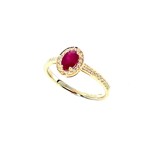 9YG 1 X RUBY OVAL 4 CLAW & DIAMOND 34=.17CT SI3 JKL BEAD SET HALO & SHOULDERS RING