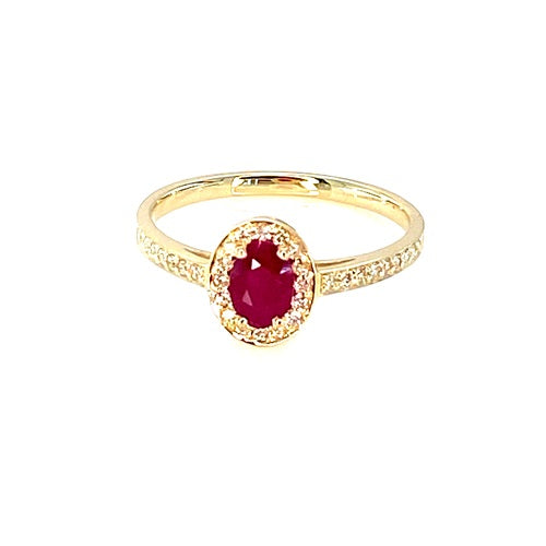 9YG 1 X RUBY OVAL 4 CLAW & DIAMOND 34=.17CT SI3 JKL BEAD SET HALO & SHOULDERS RING