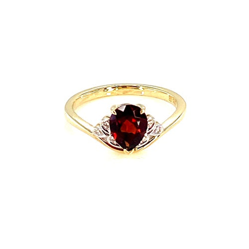 9YG 1 X GARNET 8X6MM PEAR CLAW DIAMOND 6=.03CT SI3 JKL BEZEL SET RING