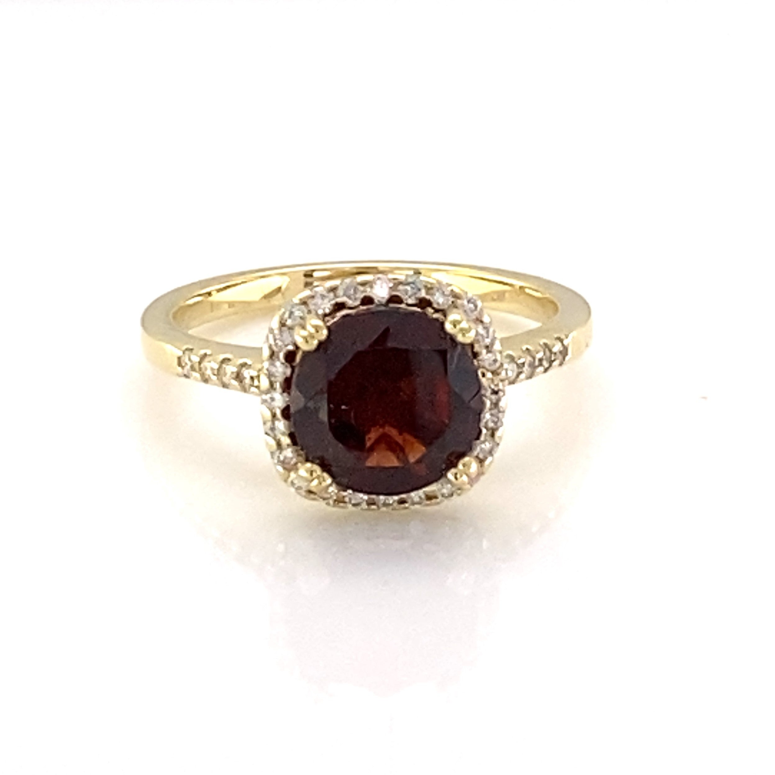 9YG GARNET & DIAMOND HALO RING