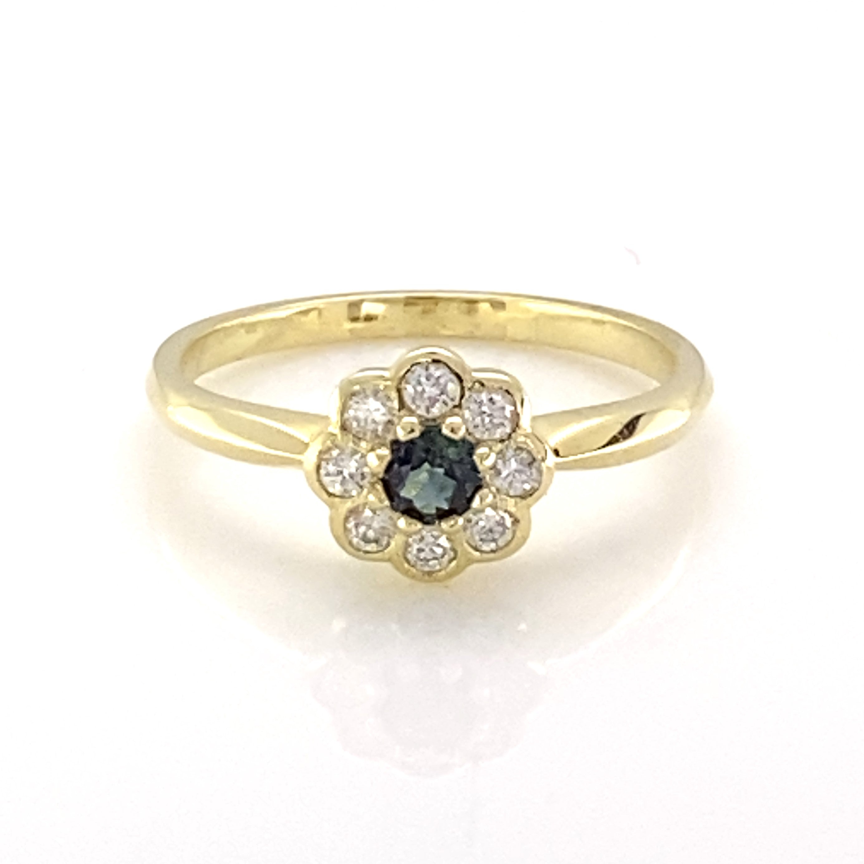 9YG SAPPHIRE & 8 DIAMOND = 0.22CT G-SI2 CLUSTER RING