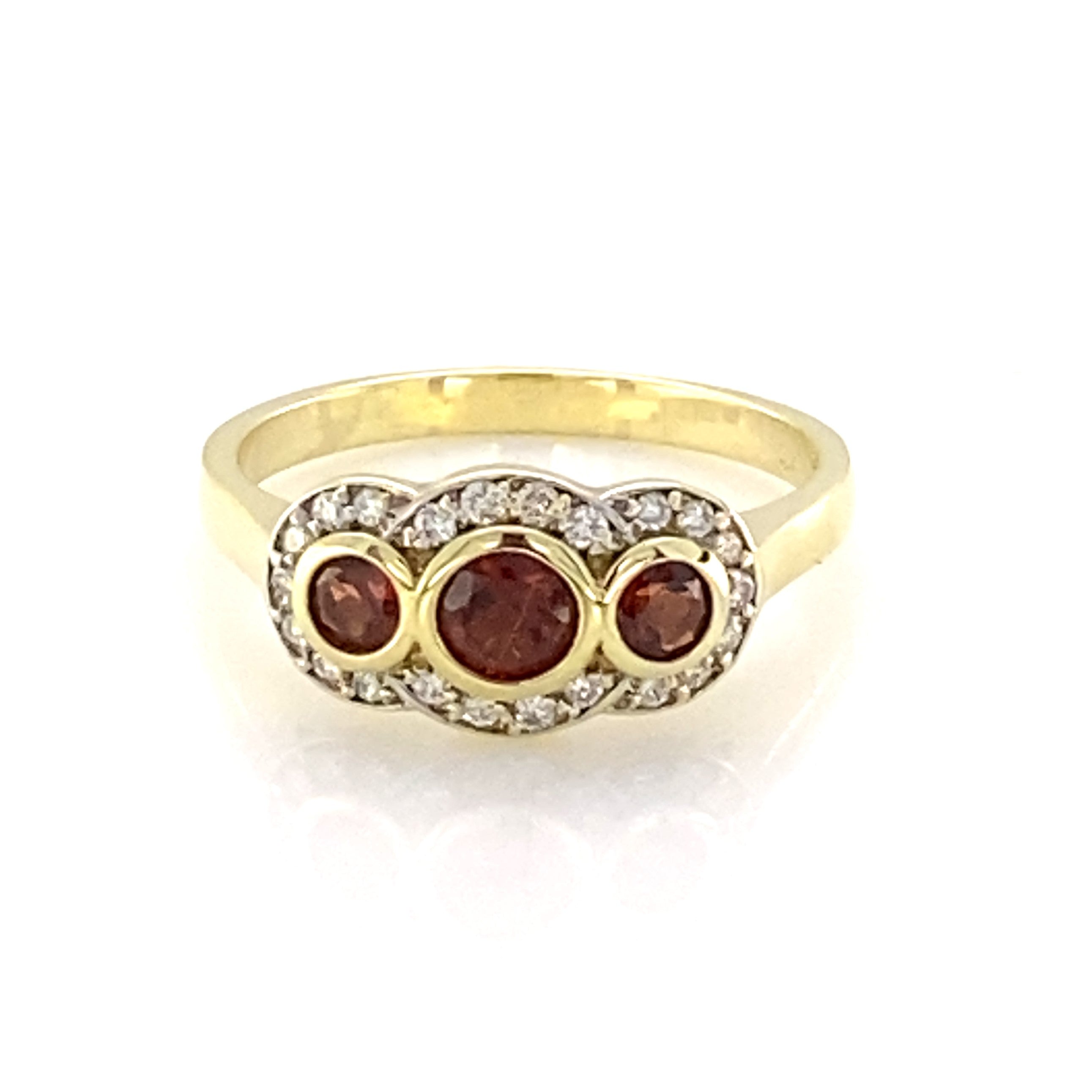 9YG 3 X GARNET & DIAMOND HALO RING
