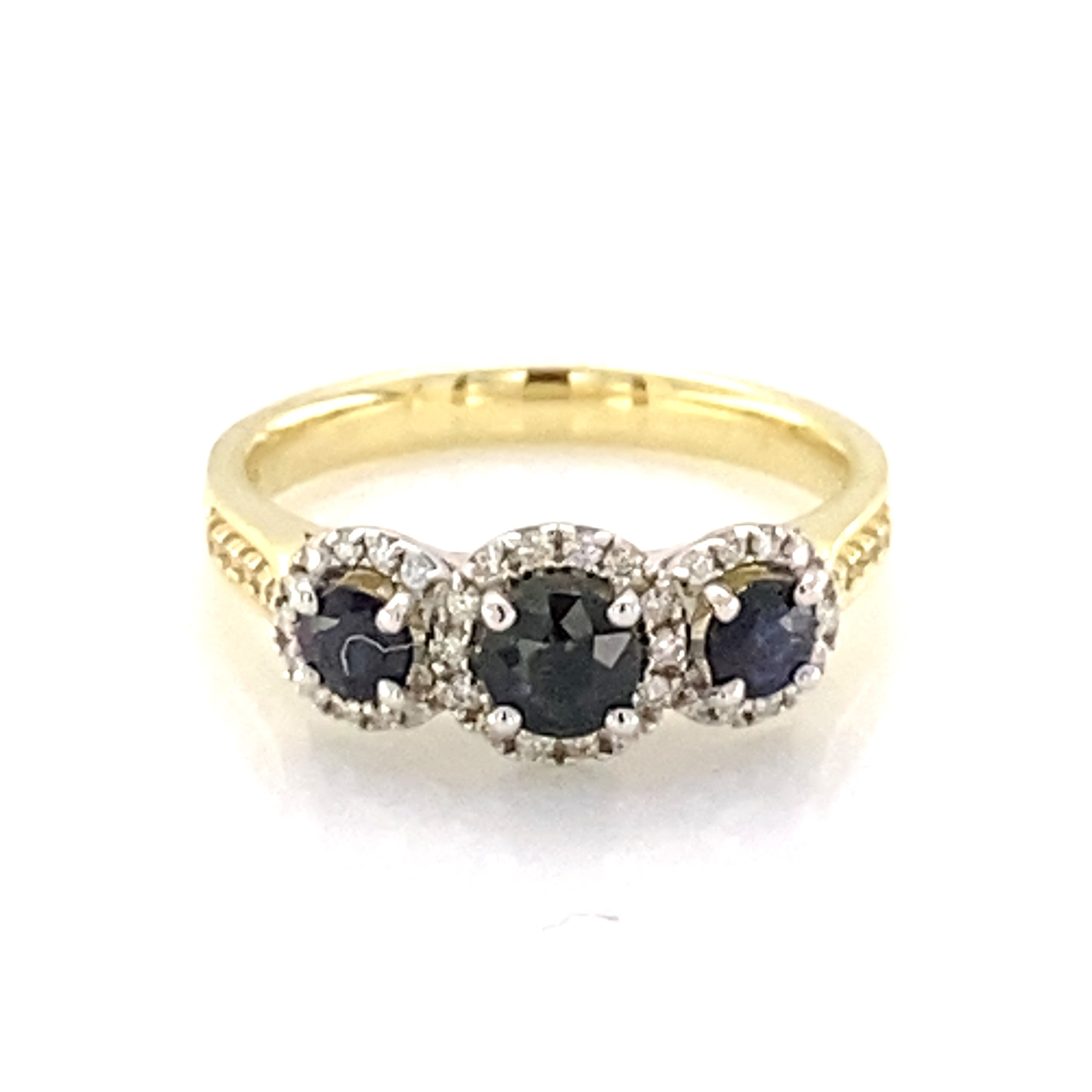 9YG 3 X SAPPHIRE & DIAMOND HALO RING